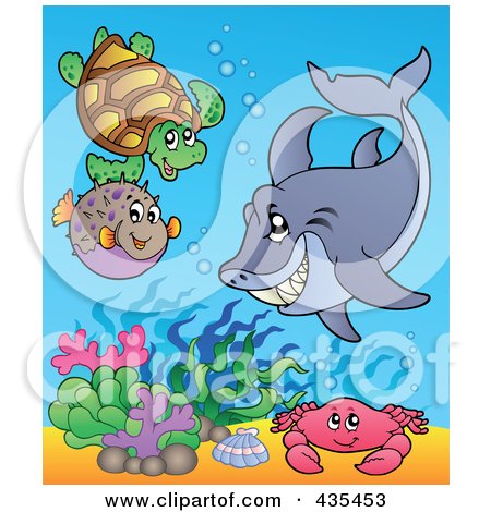 Royalty-Free (RF) Clipart Illustration of a Shark, Fish, Turtle And Crab In The Ocean by visekart