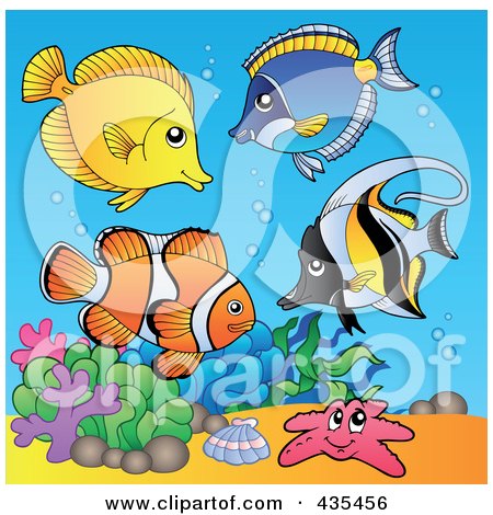 Royalty-Free (RF) Clipart Illustration of a Group Of Marine Fish And A Starfish by visekart