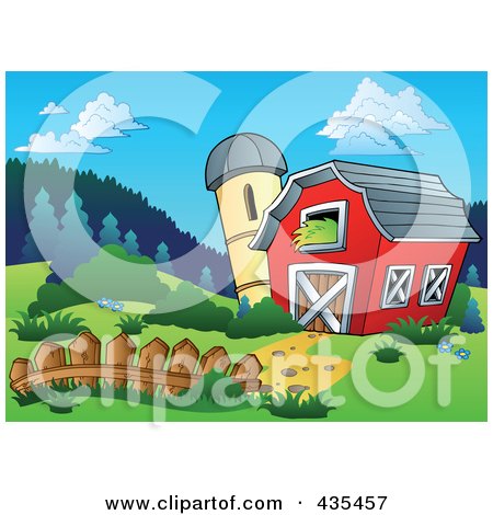 Royalty-Free (RF) Clipart Illustration of a Silo And Barn In A Wooded Landscape by visekart