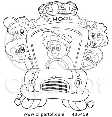 Royalty-Free (RF) Clipart Illustration of a Coloring Page Outline Of A Bus Driver Driving Children To School by visekart