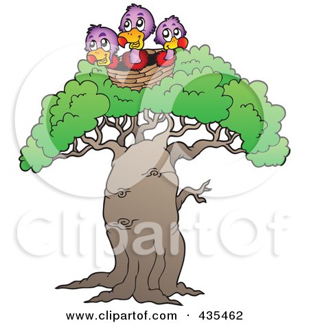 Royalty-Free (RF) Clipart Illustration of Three Baby Vultures In A Nest Atop A Tree by visekart