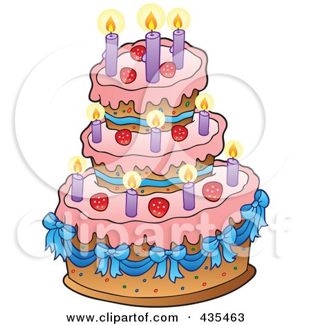 Royalty-Free (RF) Clipart Illustration of a Pink Birthday Cake With Blue Ribbons, Strawberries And Candles by visekart