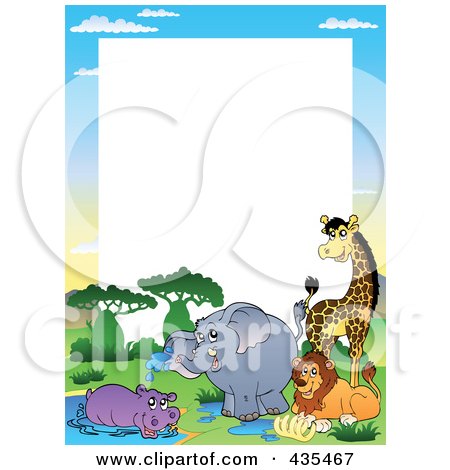Royalty-Free (RF) Clipart Illustration of a Frame Of African Animals By A Watering Hole With White Space by visekart