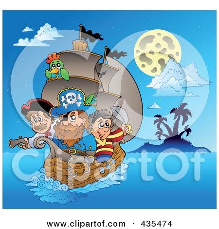 Royalty-Free (RF) Clipart Illustration of a Team Of Pirates Sailing At Night by visekart
