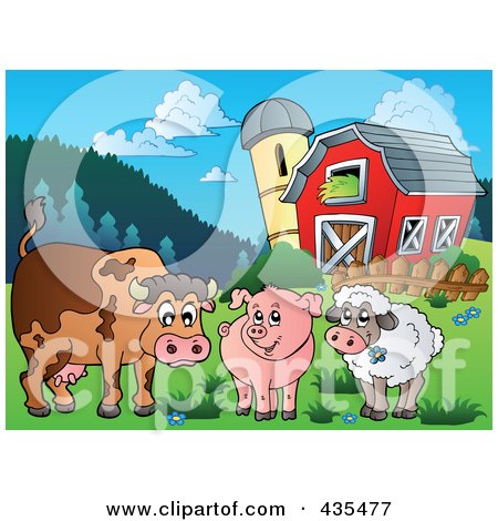 Royalty-Free (RF) Clipart Illustration of a Cow, Pig And Lamb By A Barn by visekart