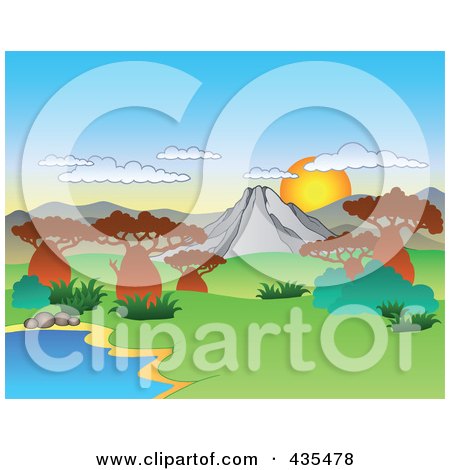 Royalty-Free (RF) Clipart Illustration of The Sun Rising Over An African Landscape by visekart