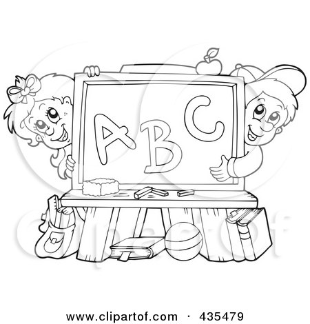 Royalty-Free (RF) Clipart Illustration of a Coloring Page Outline Of A School Boy And Girl With An Alphabet Chalkboard by visekart