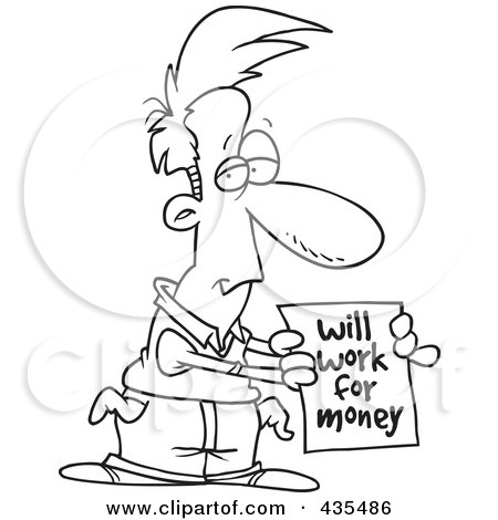Royalty-Free (RF) Clipart Illustration of a Line Art Design Of A Broke Man Holding A Will Work For Money Sign by toonaday