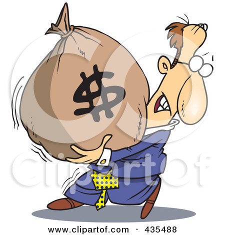 Royalty-Free (RF) Clipart Illustration of a Caucasian Businessman Carrying A Heavy Money Bag by toonaday