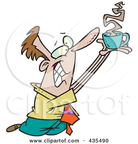 Royalty-Free (RF) Clipart Illustration of a Caucasian Businessman Holding Coffee Up To Whom He Worships by toonaday