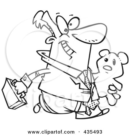 Royalty-Free (RF) Clipart Illustration of a Line Art Design Of A Businessman Carrying His Teddy Bear To Work by toonaday
