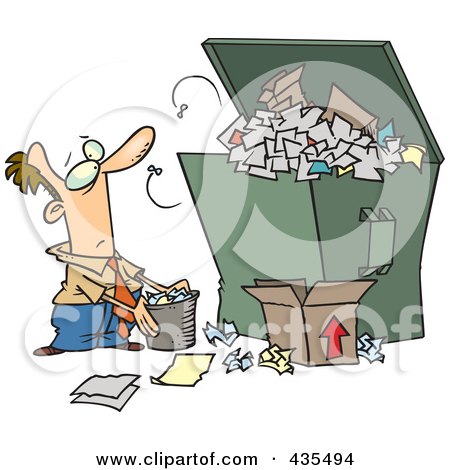 Royalty-Free (RF) Clipart Illustration of a Cartoon Businessman Tossing More Waste Into A Full Dumpster by toonaday