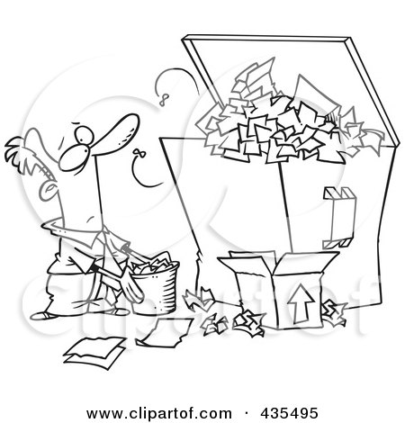 Royalty-Free (RF) Clipart Illustration of a Line Art Design Of A Businessman Tossing More Waste Into A Full Dumpster by toonaday