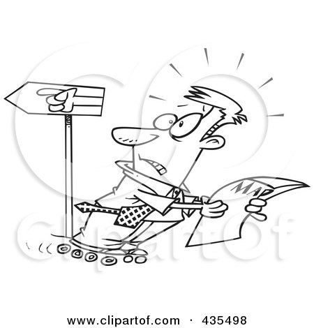 Royalty-Free (RF) Clipart Illustration of a Line Art Design Of A Rollerblading Businessman Reading A Map And Going The Wrong Way by toonaday