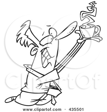 Royalty-Free (RF) Clipart Illustration of a Line Art Design Of A Businessman Holding Coffee Up To Whom He Worships by toonaday