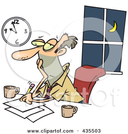 Royalty-Free (RF) Clipart Illustration of an Exhausted Caucasian Businessman Working Overtime by toonaday