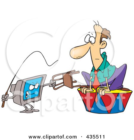 Royalty-Free (RF) Clipart Illustration of a Computer Training A Caucasian Businessman With A Whip by toonaday
