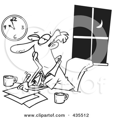 Royalty-Free (RF) Clipart Illustration of a Line Art Design Of A Sleepy Businessman Working Late At Night by toonaday