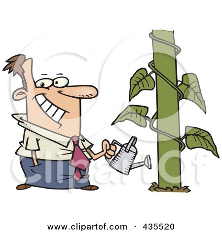Royalty-Free (RF) Clipart Illustration of a Happy Cartoon Businessman Watering A Monstrous Plant Showing Business Growth by toonaday