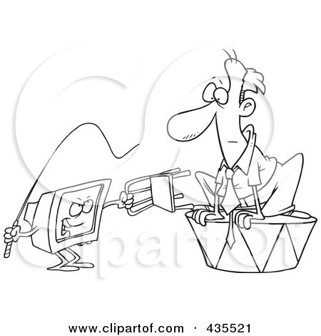 Royalty-Free (RF) Clipart Illustration of a Line Art Design Of A Computer Training A Businessman With A Whip by toonaday