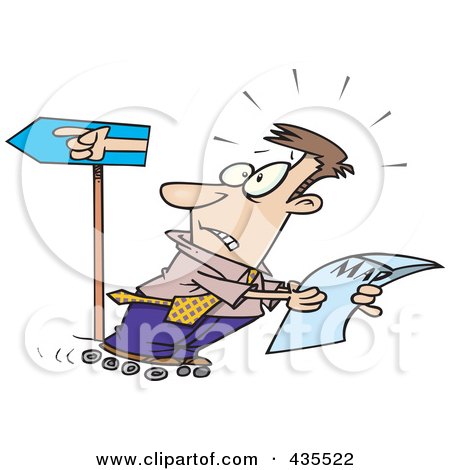 Royalty-Free (RF) Clipart Illustration of a Rollerblading Caucasian Businessman Reading A Map And Going The Wrong Way by toonaday