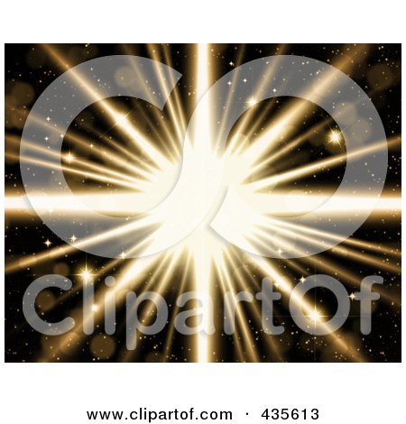 Royalty-Free (RF) Clipart Illustration of a Bright Burst Over Black With Sparkles by KJ Pargeter