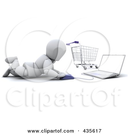 Royalty-Free (RF) Clipart Illustration of a 3d White Character Shopping Online With A Cart In The Background by KJ Pargeter