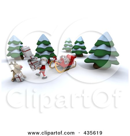 Royalty-Free (RF) Clipart Illustration of a 3d Santa And Rudolph Carrying Gifts From A Sleigh By Trees by KJ Pargeter