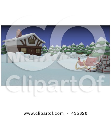 Royalty-Free (RF) Clipart Illustration of 3d Merry Christmas Text With Santas Sleigh And Gifts By A Cabin In The Snow by KJ Pargeter