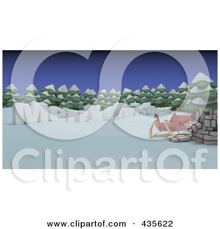 Royalty-Free (RF) Clipart Illustration of 3d Merry Christmas Text With Santas Sleigh And Gifts By The Woods In The Snow by KJ Pargeter