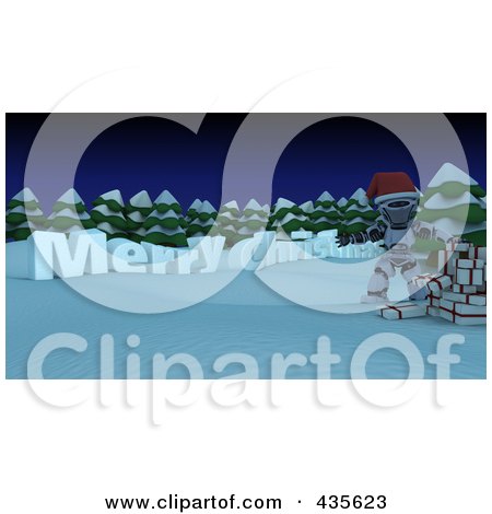 Royalty-Free (RF) Clipart Illustration of 3d Merry Christmas Text Along Trees With A Santa Robot And Gifts In The Snow by KJ Pargeter