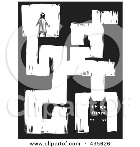Royalty-Free (RF) Clipart Illustration of a Black And White Woodcut Style Maze Of A Person And A Monster by xunantunich