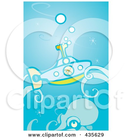 Royalty-Free (RF) Clipart Illustration of a Boy In A Submarine, Passing A Giant Squid by xunantunich
