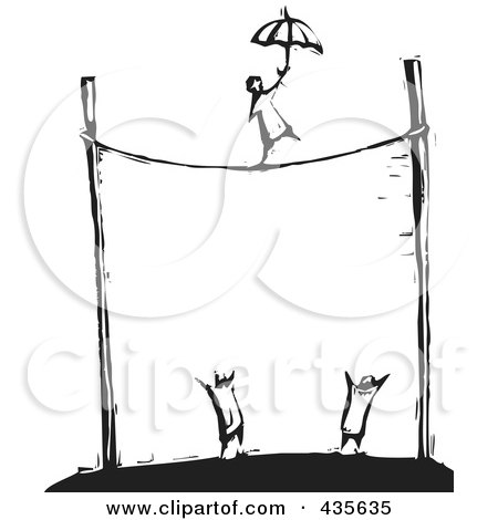 Royalty-Free (RF) Clipart Illustration of a Black And White Woodcut Style Person Walking A Tightrope With An Umbrella by xunantunich