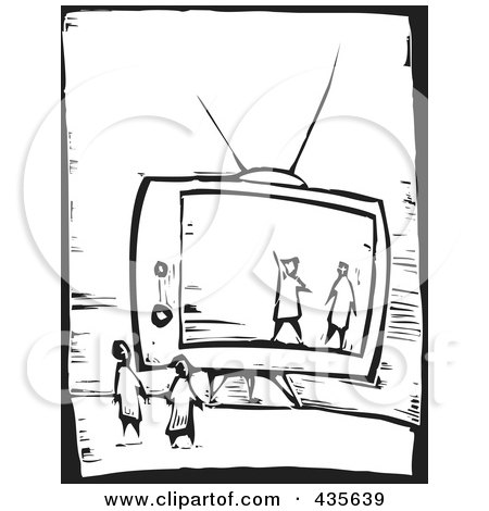 Royalty-Free (RF) Clipart Illustration of Black And White Woodcut Style People Watching TV by xunantunich
