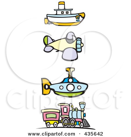 Royalty-Free (RF) Clipart Illustration of a Digital Collage Of A Steam Engine Train, Airplane, Submarine And Tugboat by xunantunich