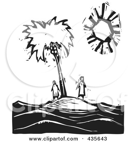 Royalty-Free (RF) Clipart Illustration of a Black And White Woodcut Style Couple Stranded On An Island by xunantunich