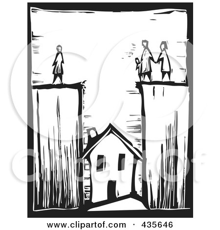 Royalty-Free (RF) Clipart Illustration of a Black And White Woodcut Style Family Divided With Their House Below by xunantunich