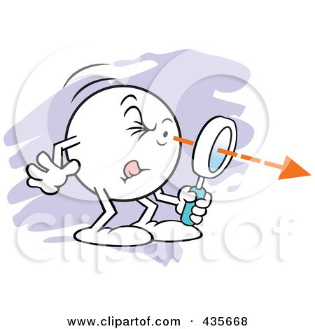 Royalty-Free (RF) Clipart Illustration of a Moodie Character Squinting Through A Magnifying Glass Over Purple by Johnny Sajem