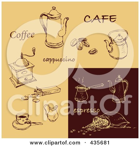 Royalty-Free (RF) Clipart Illustration of a Digital Collage Of Espresso And Tan Cappuccino And Coffee Sketches by Eugene