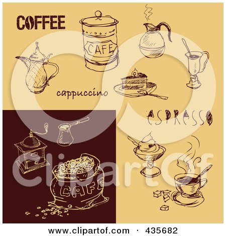 Royalty-Free (RF) Clipart Illustration of a Digital Collage Of Brown And Tan Cafe And Coffee Sketches by Eugene