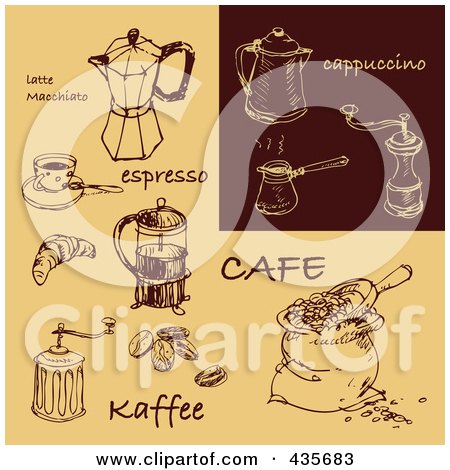 Royalty-Free (RF) Clipart Illustration of a Digital Collage Of Brown And Tan Cappuccino And Coffee Sketches by Eugene