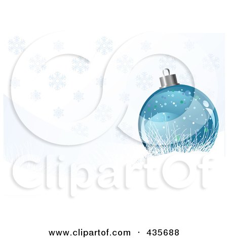 Royalty-Free (RF) Clipart Illustration of a Blue Shiny Christmas Ball Over Icy Grass Over A Snowflake Background by Pushkin