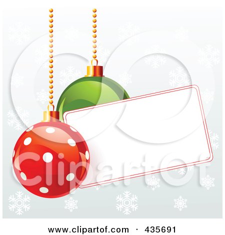 Royalty-Free (RF) Clipart Illustration of Polka Dot And Green Christmas Baubles With A Blank Label Over Snowflakes On Gray by Pushkin