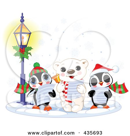 Royalty-Free (RF) Clipart Illustration of a Polar Bear Singing Christmas Carols In The Snow With Two Penguins by Pushkin