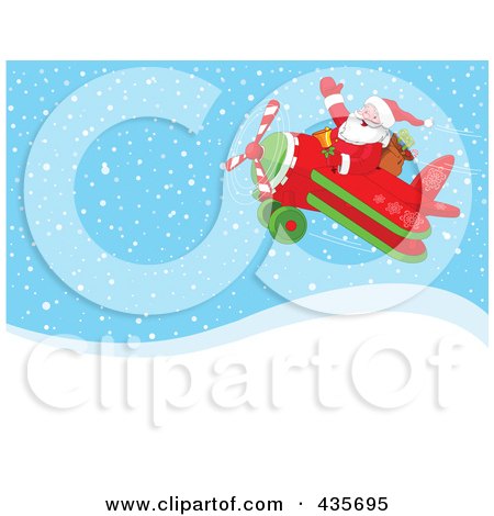 Royalty-Free (RF) Clipart Illustration of Santa In Flight In A Biplane Over Snowy Hills by Pushkin
