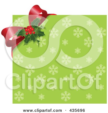 Royalty-Free (RF) Clipart Illustration of a Holly Bow Over A Green Snowflake Pattern by Pushkin