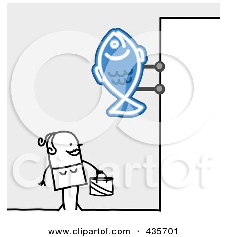 Royalty-Free (RF) Clipart Illustration of a Stick Woman Standing Under A Fish Sign by NL shop