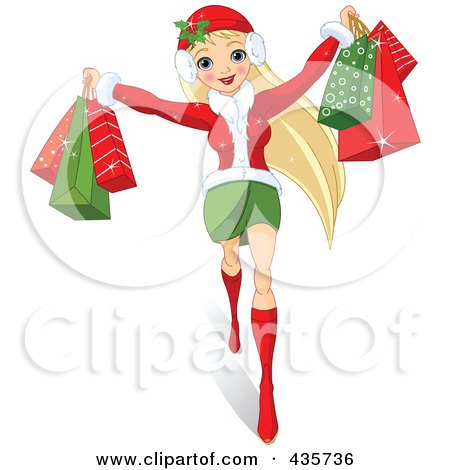 Royalty-Free (RF) Clipart Illustration of a Pretty Blond Woman Holding Up Christmas Shopping Bags by Pushkin