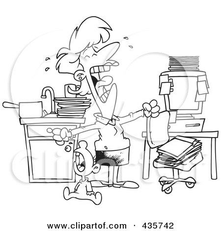 Royalty-Free (RF) Clipart Illustration of a Line Art Design Of A Woman At Her Wits End, Trying To Work At Home With A Crying Baby by toonaday